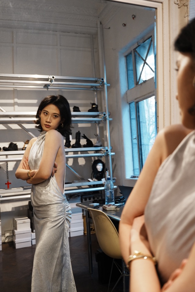 Editorial portrait in a silver dress